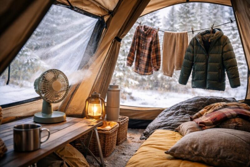 冬のアウトドア空間で換気と空気循環の工夫をしている様子