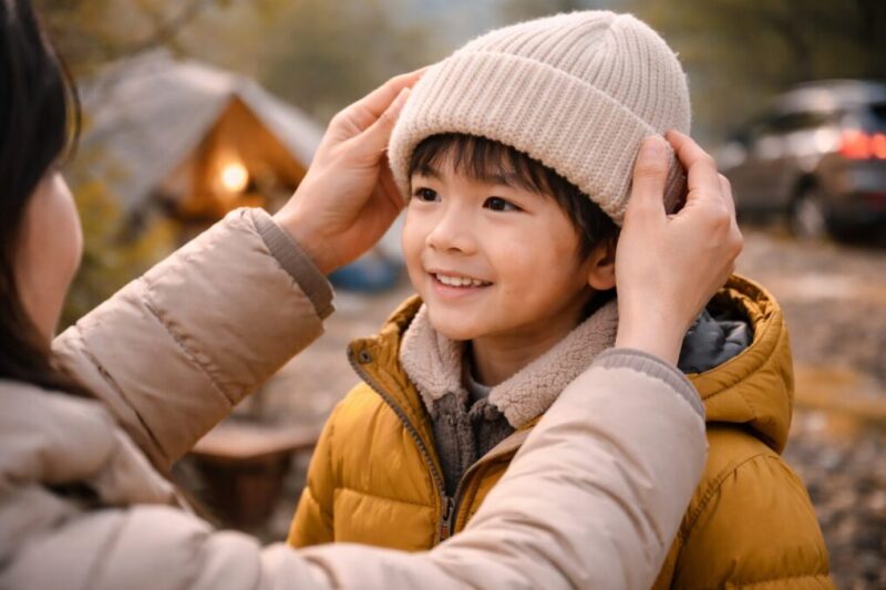 子どもがニット帽をかぶり、頭にフィットするか確かめている様子