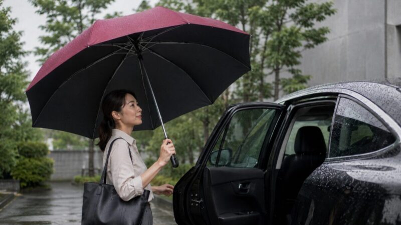 雨の日に車の横で大きめの折りたたみ日傘を差している女性