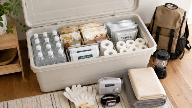 大きな白い収納ボックスに保存水や非常食、トイレットペーパーをまとめた家族用の防災備蓄イメージ