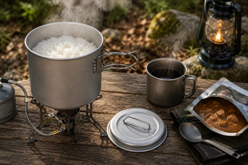 アルミクッカー900mlで炊飯や湯沸かしをするキャンプ調理イメージ