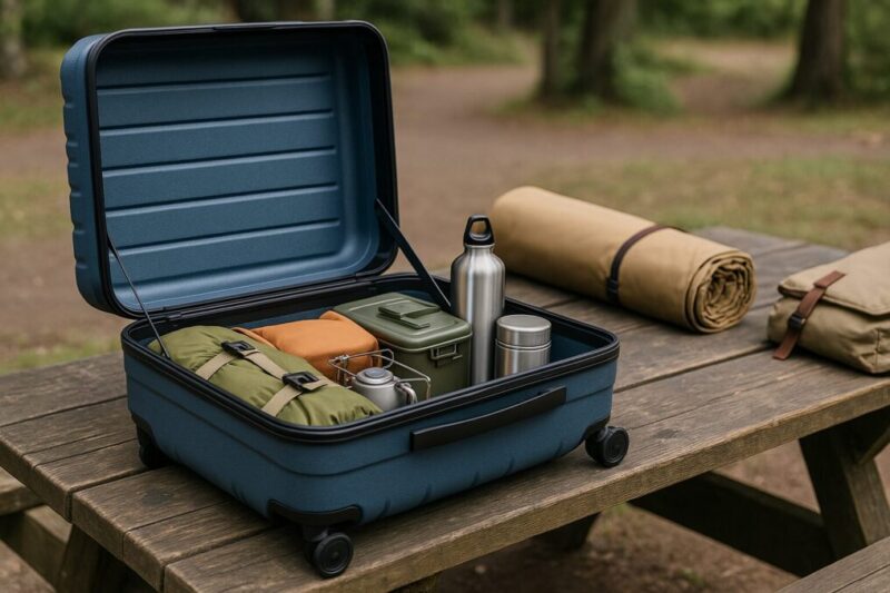フタを大きく開けたキャリーケースの中にキャンプ用ギアが整然と収納されトップオープンの使いやすさを示している様子