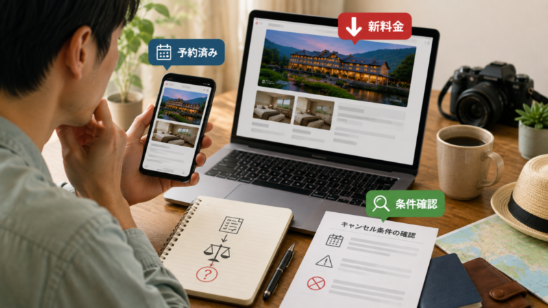 楽天トラベルで予約後に値下がりした宿を確認し、キャンセル条件を比較して取り直しを検討する旅行者