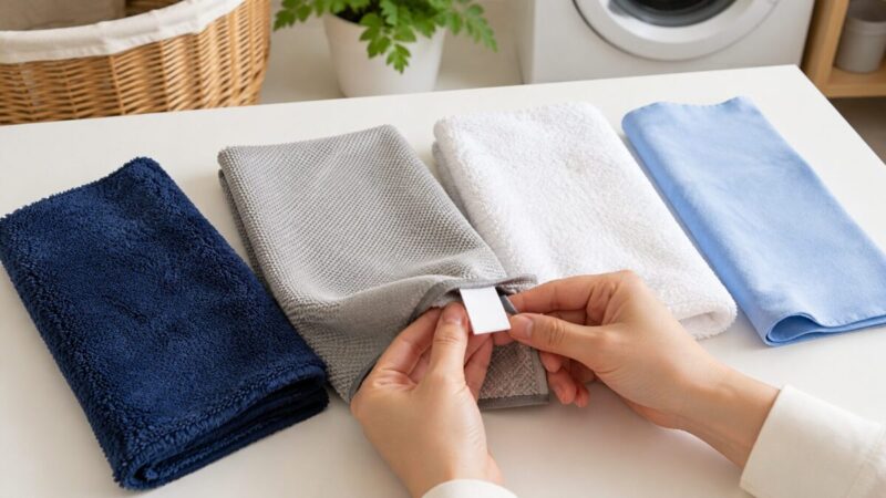 吸水タオルの素材と洗濯表示を洗濯機へ入れる前に確認する様子