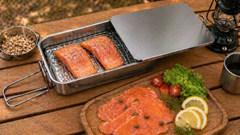 ミニスモーカーの網にサーモンを並べてレモンや野菜を添えたキャンプ調理の様子