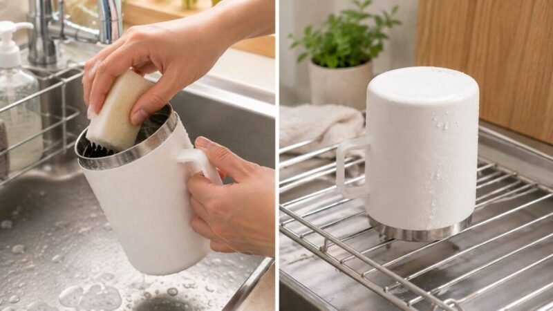 白い保冷缶ホルダーの内側をスポンジで洗い、逆さにして水切り乾燥する様子