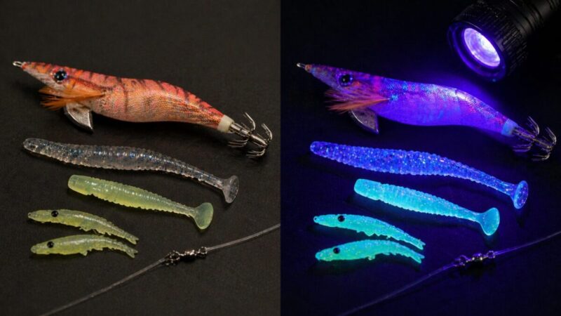 エギやワームを通常の見え方とUVライト照射時で並べて比較したイメージ