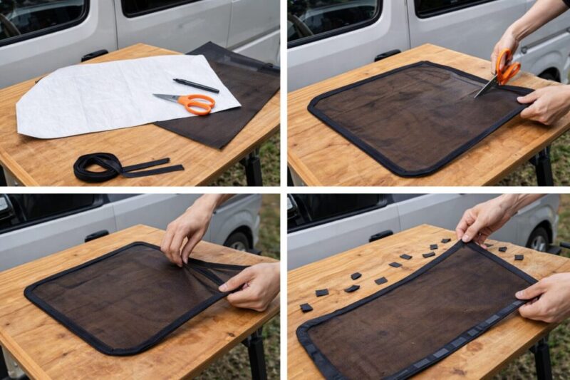 型紙作成からマグネット配置までの車用網戸DIY手順イメージ