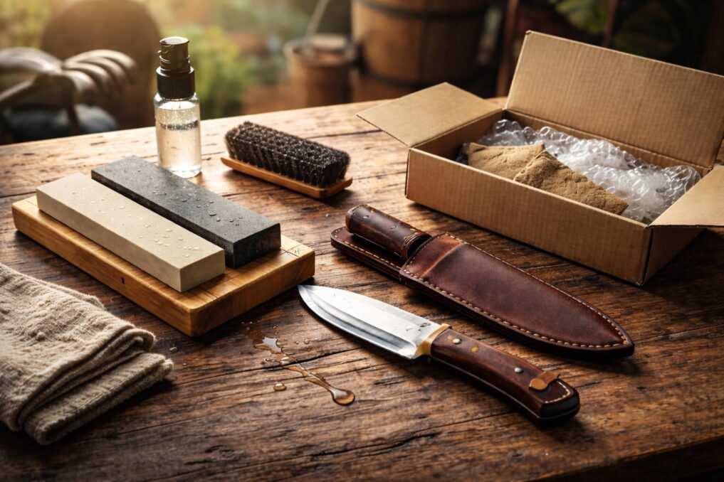 研ぎ屋に出す道具と自宅で研ぐ道具を、テーブル上で見比べられるよう並べたイメージ