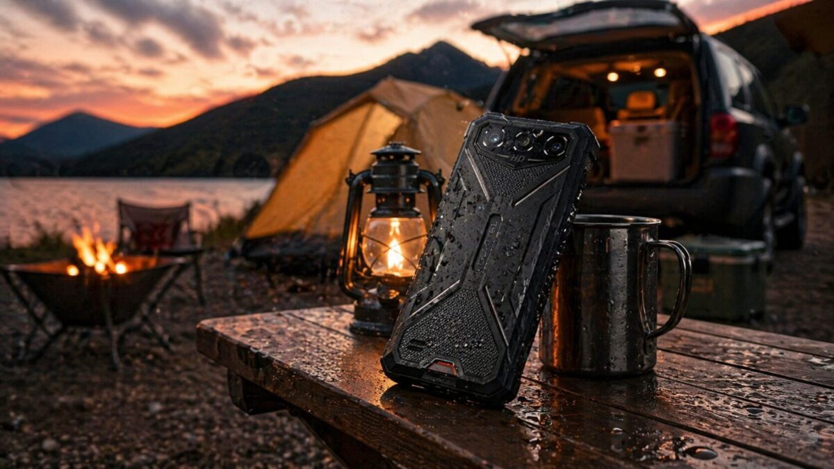 キャンプや車中泊で使う黒いタフネススマホ風サブ機のイメージ
