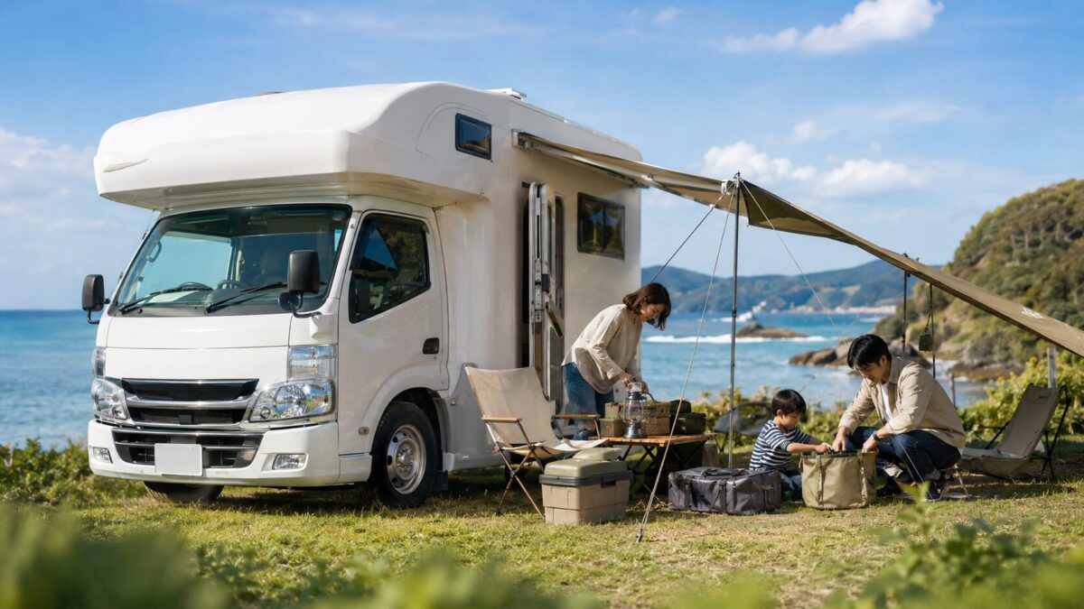 海辺のキャンプ場で白いキャンピングカーと家族が車中泊準備をしている様子