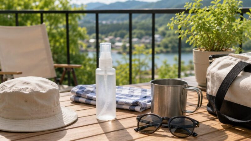 ベランピングや散歩後に使いやすい保湿ミストのあるテーブル