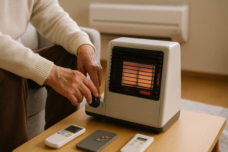 椅子に座った人がストーブのつまみを操作し、近くに複数のリモコンを置いて暖房の選択肢を示した写真