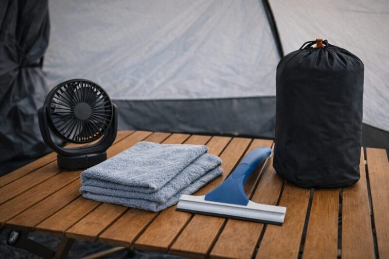テント内で結露対策に使う道具をテーブルに並べ、優先して準備するイメージ