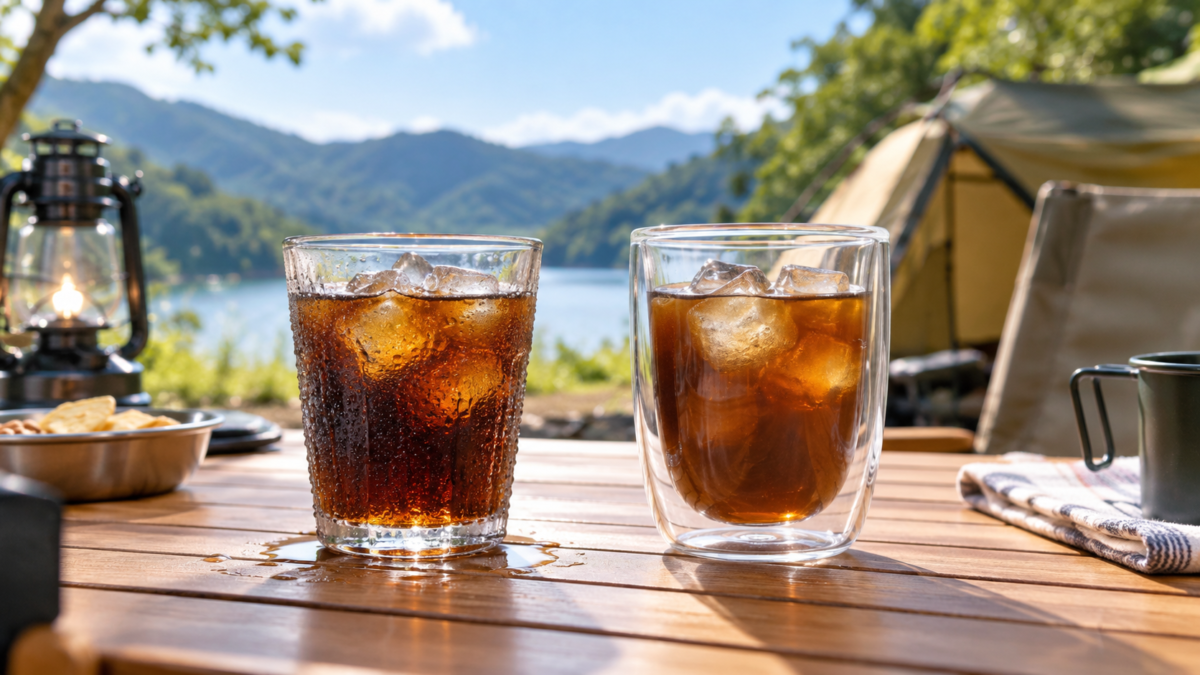 冷たい飲み物を入れた通常グラスと結露しにくいダブルウォールグラスをキャンプテーブルで比較した様子
