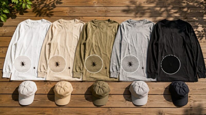 昆虫採集で着る白・ベージュ・カーキ・グレー・黒の服と小さな虫の見つけやすさを比較した様子