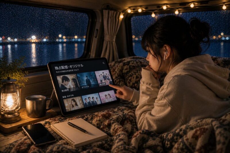 雨の車中泊で、タブレットの作品一覧から観たい配信作品を探す女性