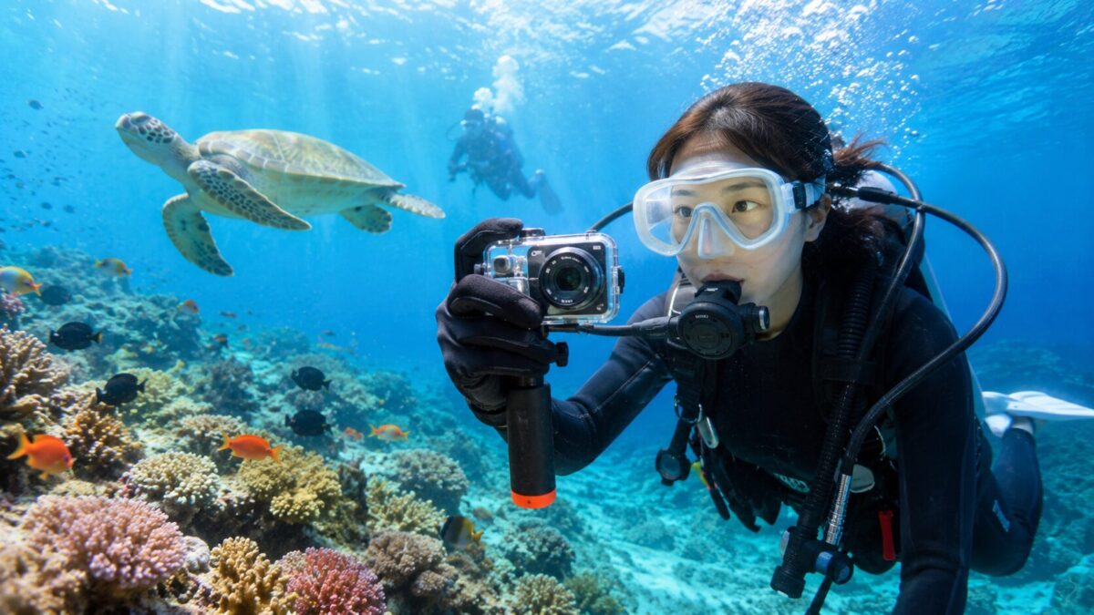 小型の水中カメラでウミガメとサンゴ礁を撮影するダイバー