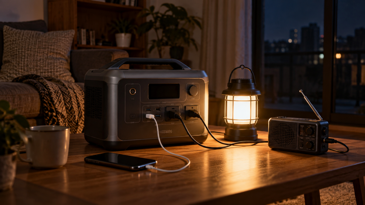 停電した室内でポータブル電源からスマートフォンとLEDランタン、ラジオへ給電する様子