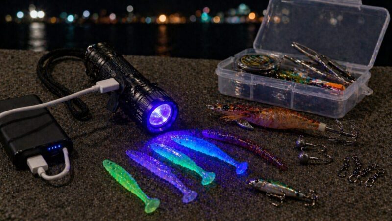 UVライトと充電アイテム、ルアーや小物を並べ、選び方のポイントをイメージしやすくした写真