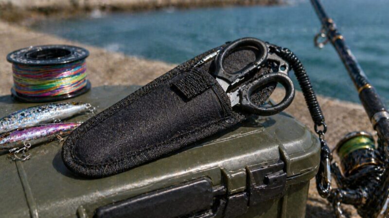 タックルケースの上に収納されたコンパクトな釣り用ハサミと、PEラインやルアーを並べた携帯性重視のイメージ