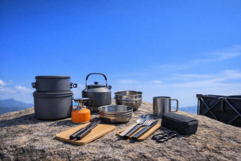 青空を背景に、岩の上に鍋やケトル、食器、カトラリー、ガスバーナーが並んでいる風景。