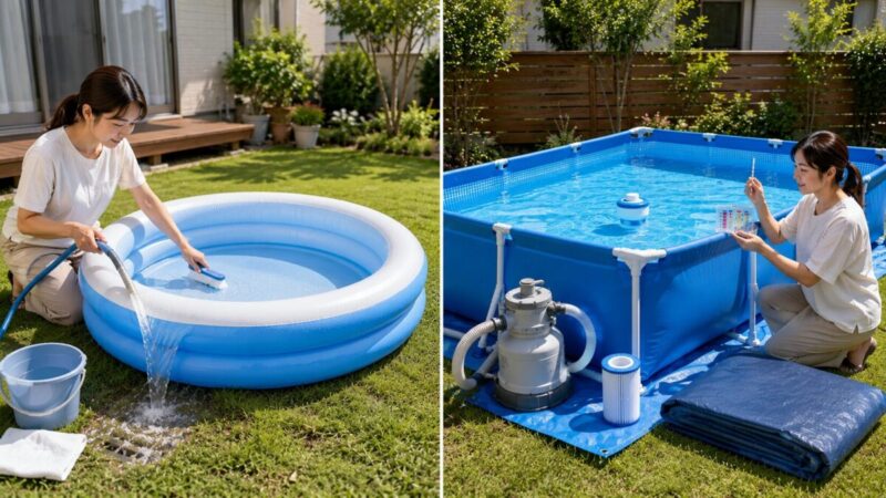 当日排水して洗浄する小型プールと、ろ過ポンプや水質測定で継続管理する大型プールの比較