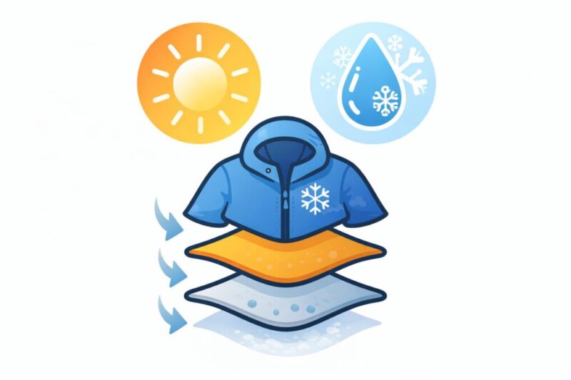 冬の重ね着の基本を、インナーから順に示したイメージ図