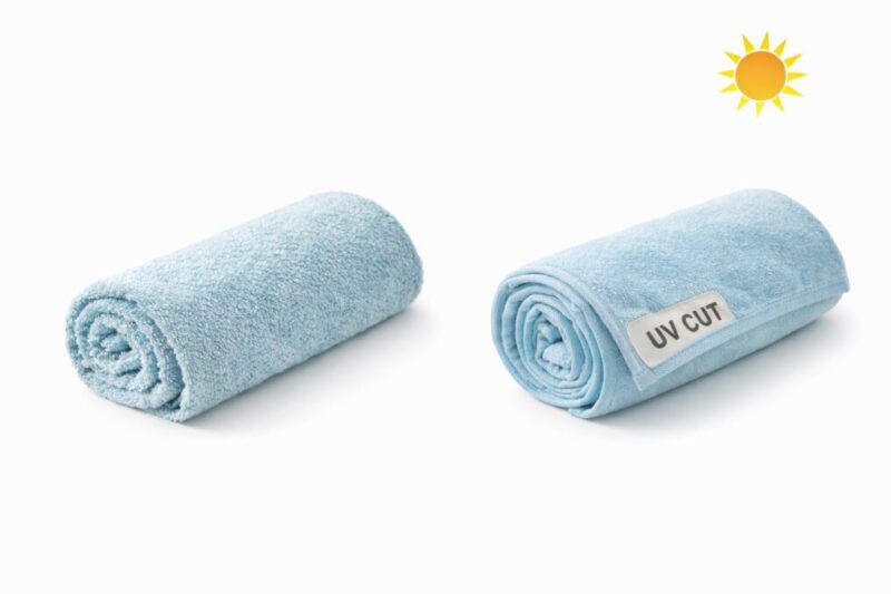 普通の薄手タオルとUVカット仕様の首巻きタオルを並べた比較イメージ