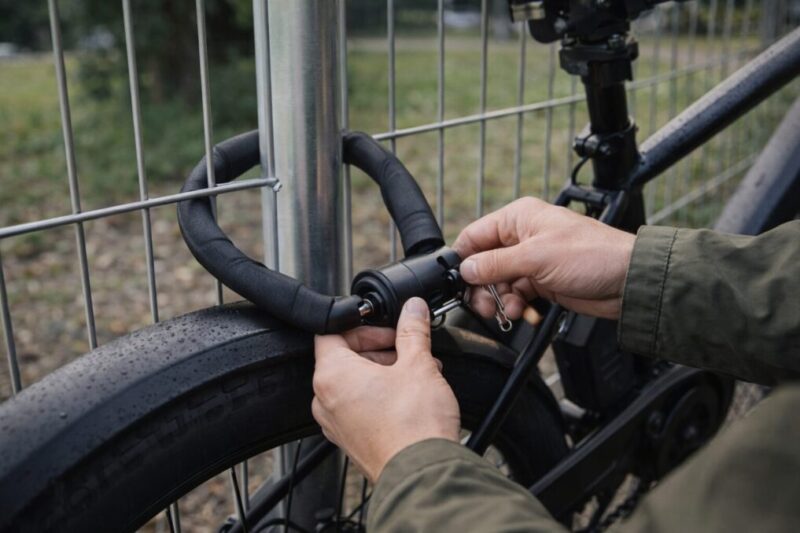 自転車を固定物にしっかりロックして盗難対策を行う手元のイメージ