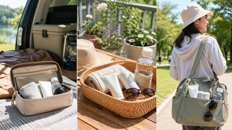 車中泊やベランピング、公園遊びで日焼け止めを持ち歩く収納イメージ