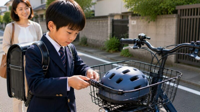保護者に見守られながら通学用ヘルメットをダイヤル式ロックで固定する小学生
