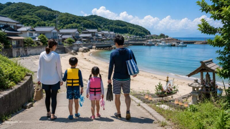 お盆の風習が残る日本の海辺の集落を歩く家族