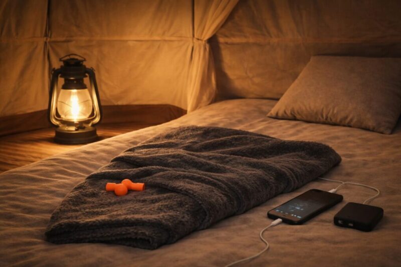 夜の不安を減らすための快適装備を整えたテント内