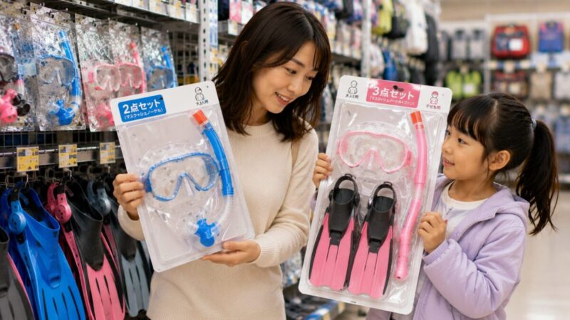 大人用の2点セットと子ども用のフィン付き3点セットを比較する親子