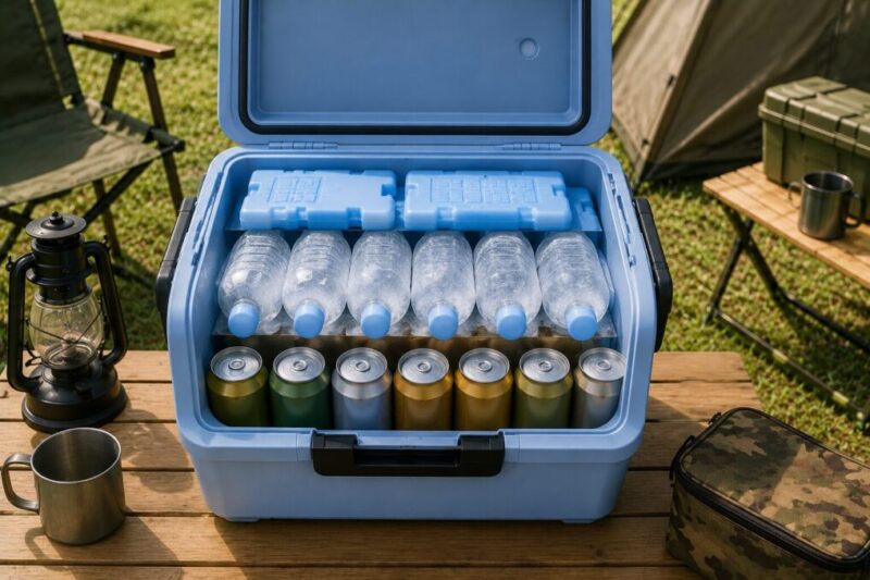 キャンプ場でクーラーボックスに保冷剤、冷凍ペットボトル、缶飲料を入れて冷たさを保つ準備をしている様子。