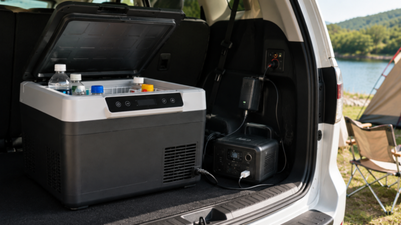 車載冷蔵庫の電源コードとポータブル電源、通気口まわりを確認できる配置