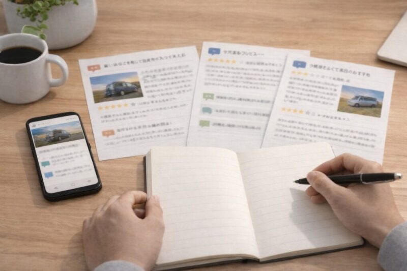 車中泊ブログやレビューを比較しながら情報収集するイメージ