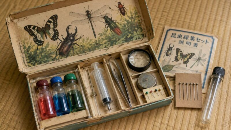 蝶やカブトムシの箱絵と小瓶や標本用品が入った昭和の箱型昆虫採集セット
