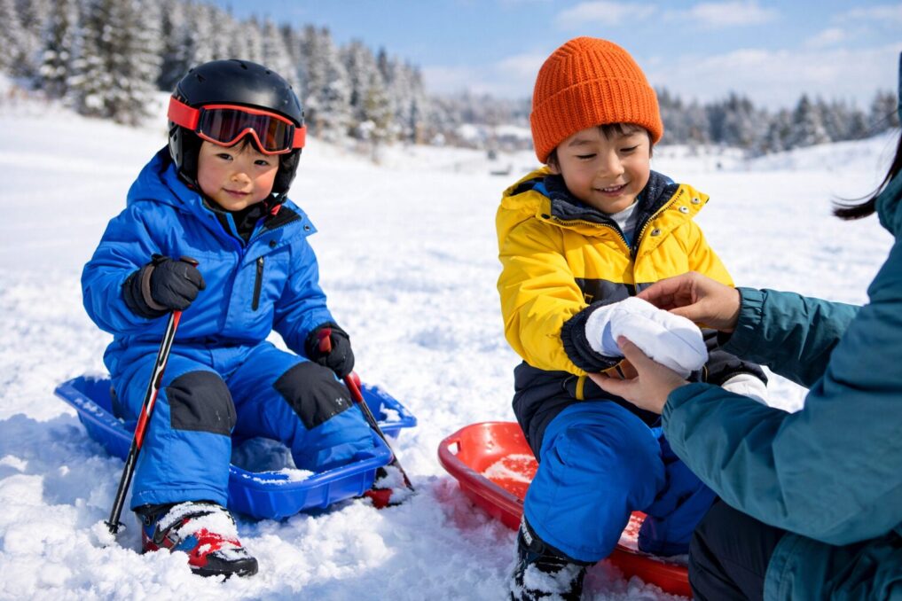 雪原でそり遊びをする子どもたちと、手袋を直してあげる保護者の様子