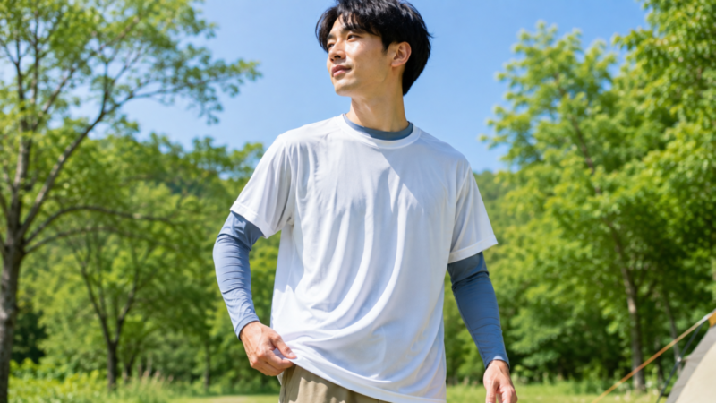 薄手の冷感インナーにゆったりした速乾Tシャツを重ねた男性