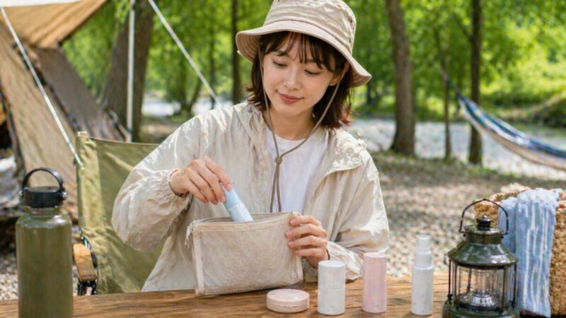 キャンプ場で顔の日焼け止めを塗り直すための持ち歩きアイテムをポーチに整理している様子