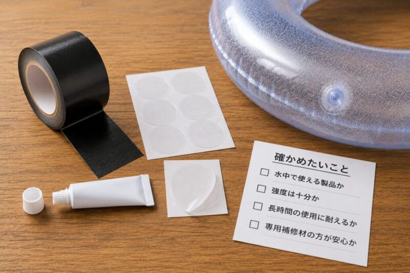 黒い強力テープと透明な補修パッチを浮き輪のそばに並べ、補修方法を比較している様子。