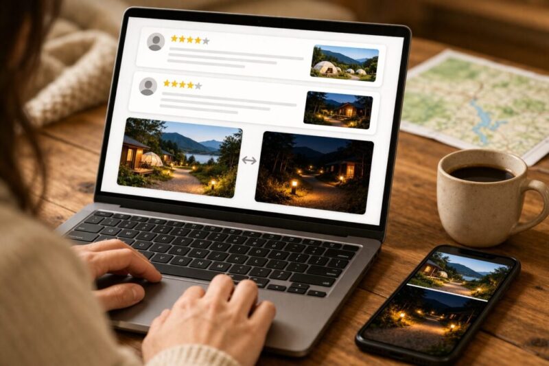 グランピング施設の口コミと夜道の写真を確認している予約前のチェック風景