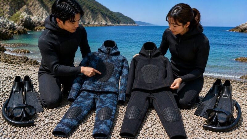 初心者が2種類のフード付き素潜り用ウェットスーツのサイズと補強を比較する様子。