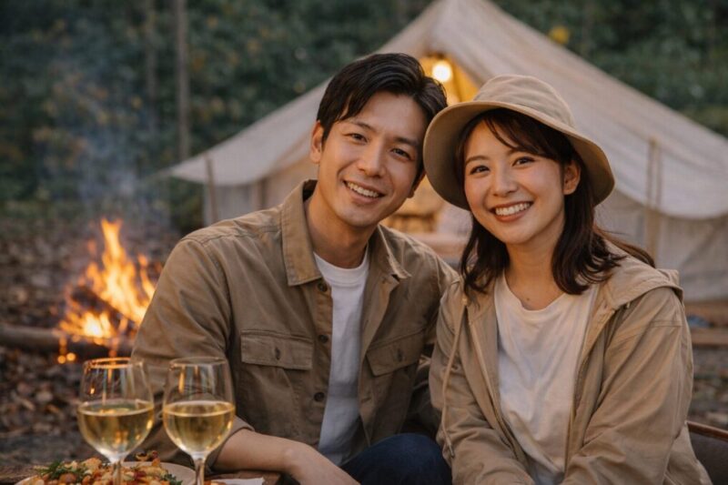 焚き火とテントのある場所で、グランピングを楽しんでいる穏やかな表情の二人