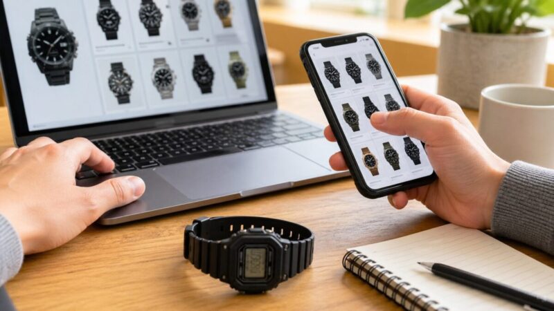 新作情報を確認しながら定番腕時計を比較する様子