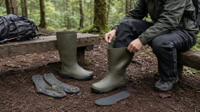 厚手の登山靴下と中敷きをそばに置き、ラバー長靴の履き口とサイズ感を確認する様子