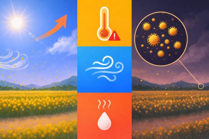 花粉が悪化しやすい気温風乾燥の条件を示す天気アイコン図