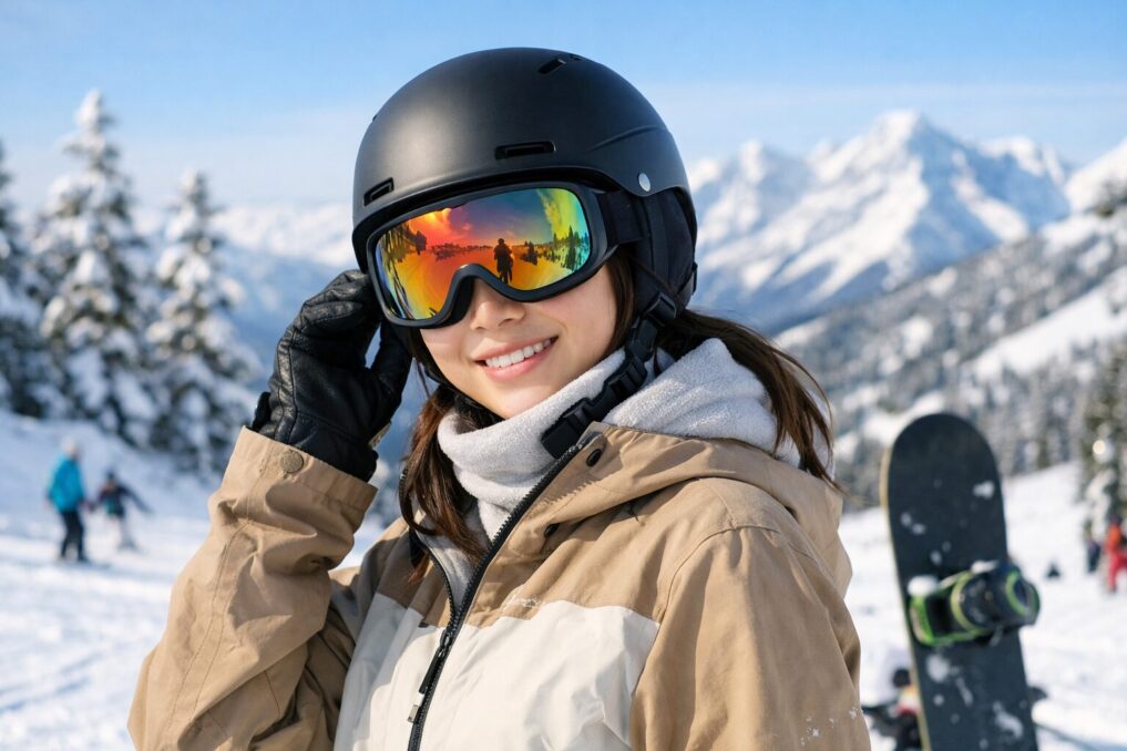 スノーボードでヘルメットをおしゃれに着用するイメージ